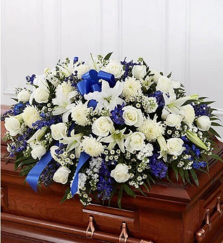 Accents of Blue Funeral Casket Spray c2469 | Funeral Flower Arrangements